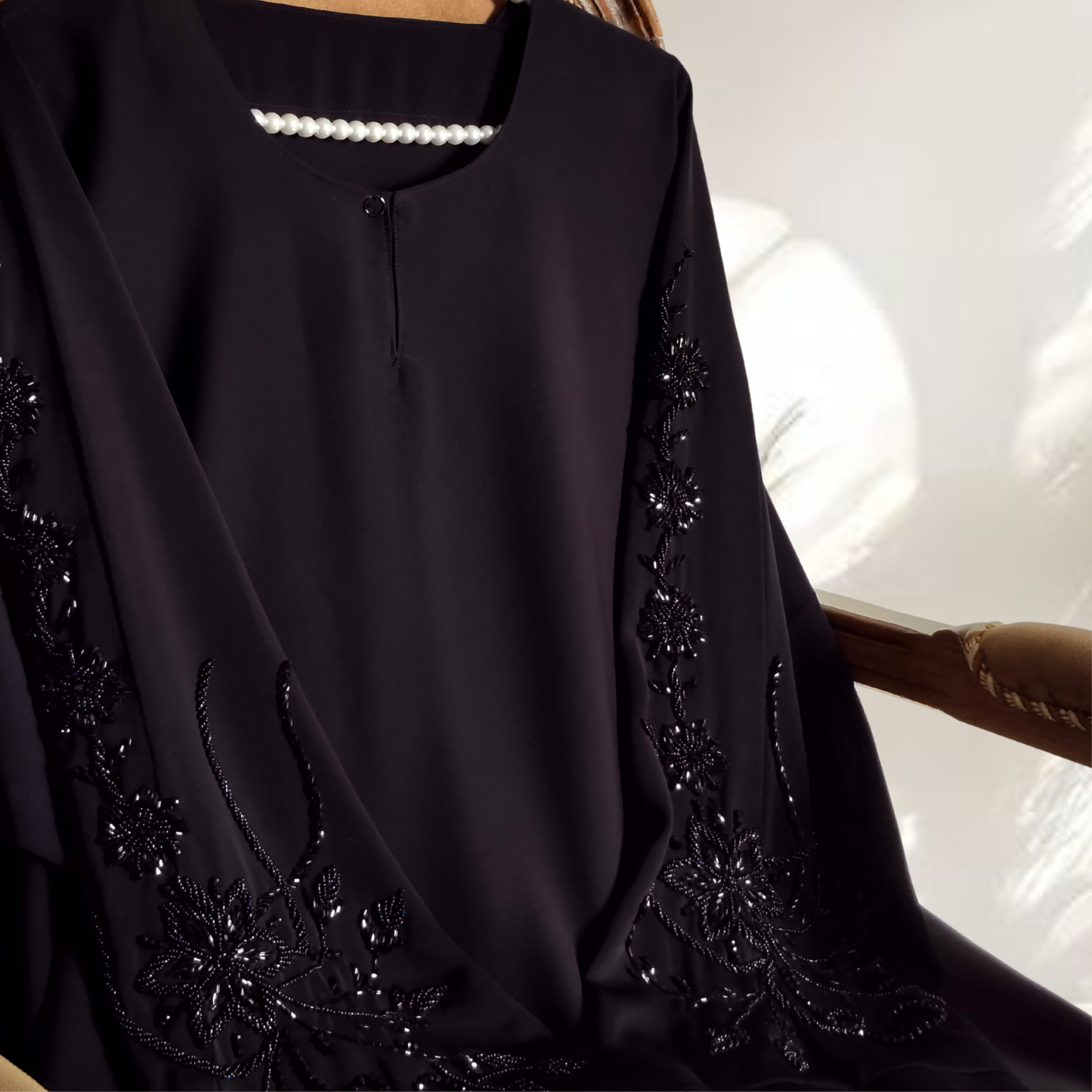 ESMARAH | Elegant Hand-Embroidered Black Abaya with Detailed Sleeves