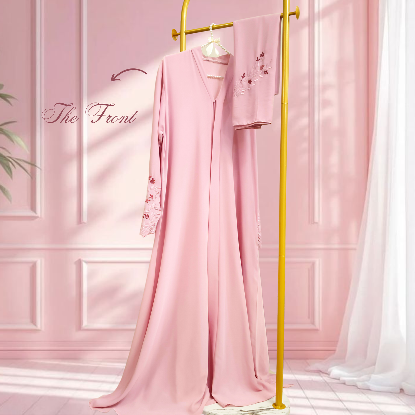 Ruh-e-Gul | Blush Pink Embroidered Abaya with Hijab
