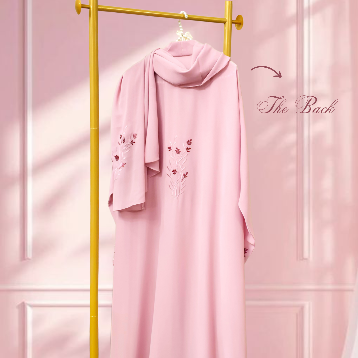 Ruh-e-Gul | Blush Pink Embroidered Abaya with Hijab