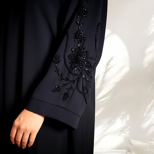 ESMARAH | Elegant Hand-Embroidered Black Abaya with Detailed Sleeves