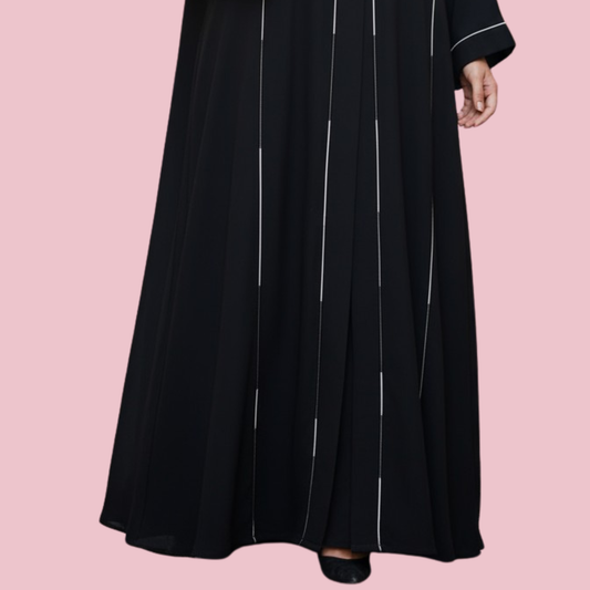 AMIRAH | Black Abaya with White and Black Piping Details