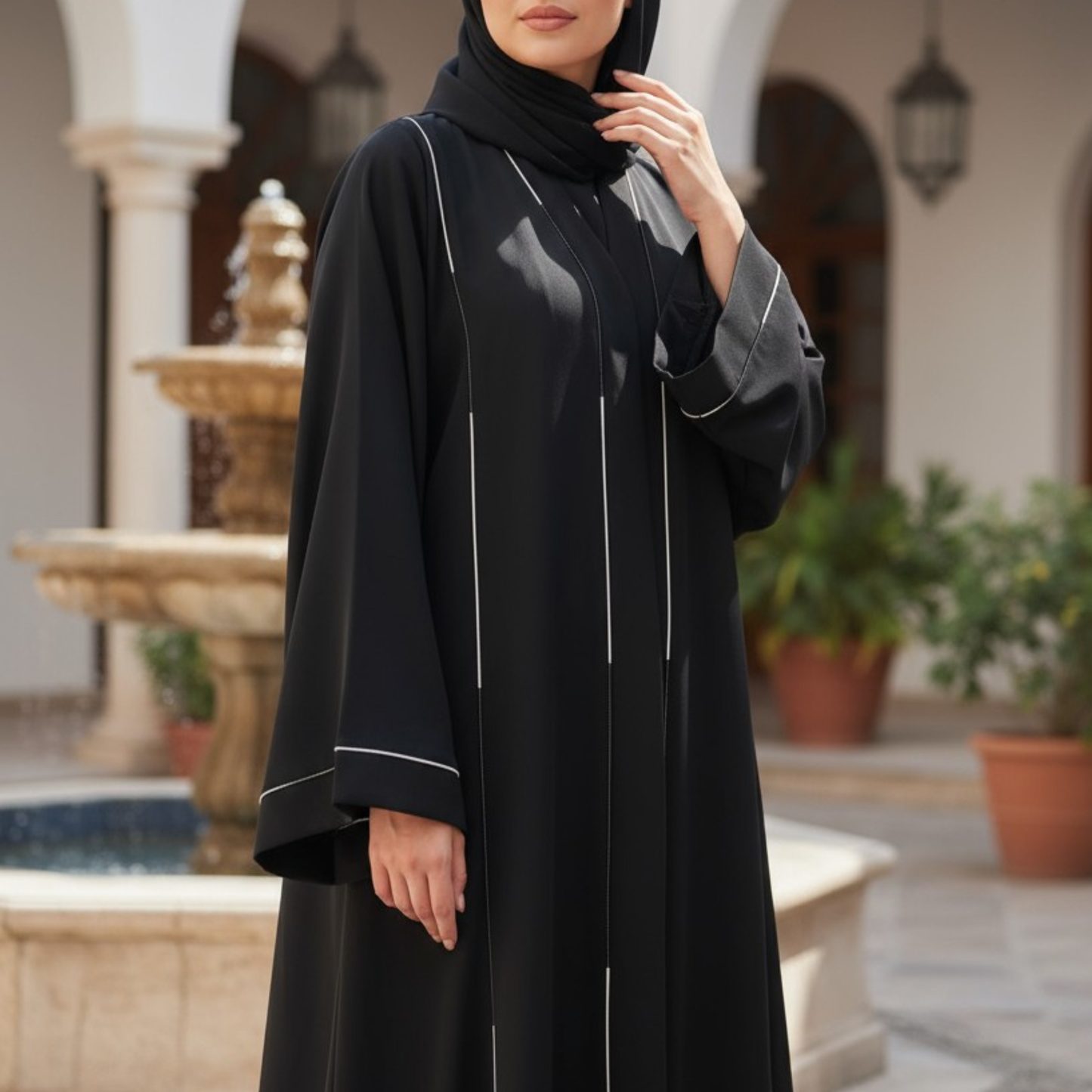 AMIRAH | Black Abaya with White and Black Piping Details