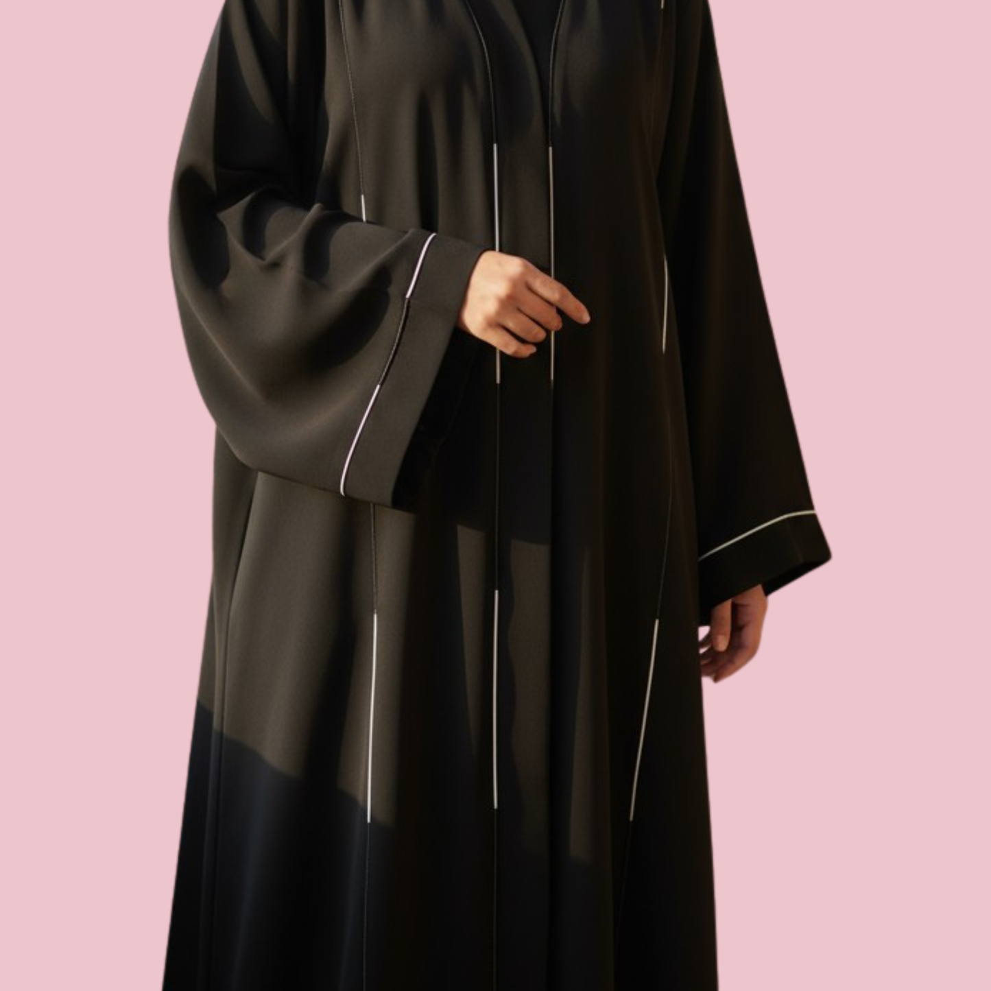 AMIRAH | Black Abaya with White and Black Piping Details
