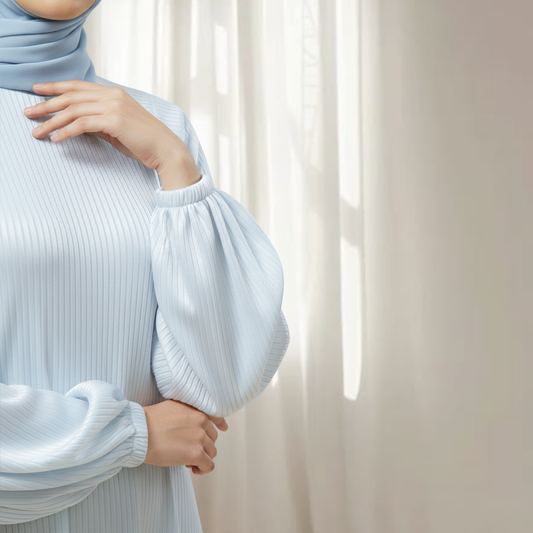 Serene Blue Ribbed Silk Abaya, Ultra-Flared Silk Abaya