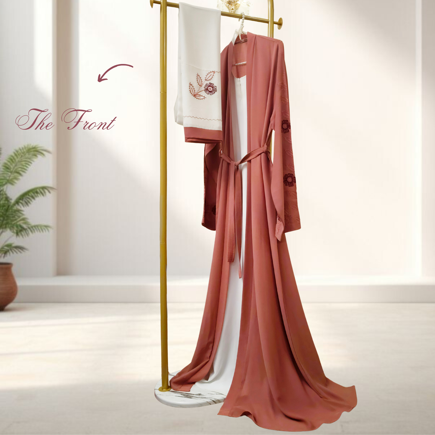 LIYANA | Embroidered Front-Open Abaya Set in Dusty Rose