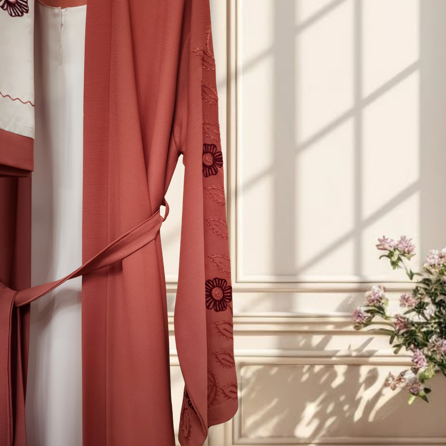 LIYANA | Embroidered Front-Open Abaya Set in Dusty Rose