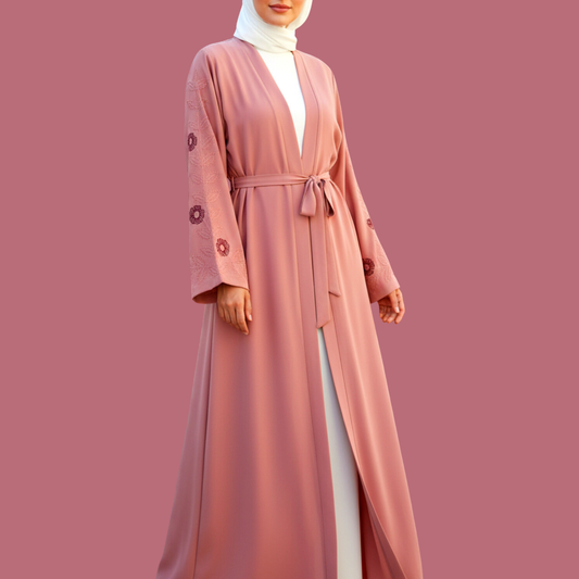 LIYANA | Embroidered Front-Open Abaya Set in Dusty Rose