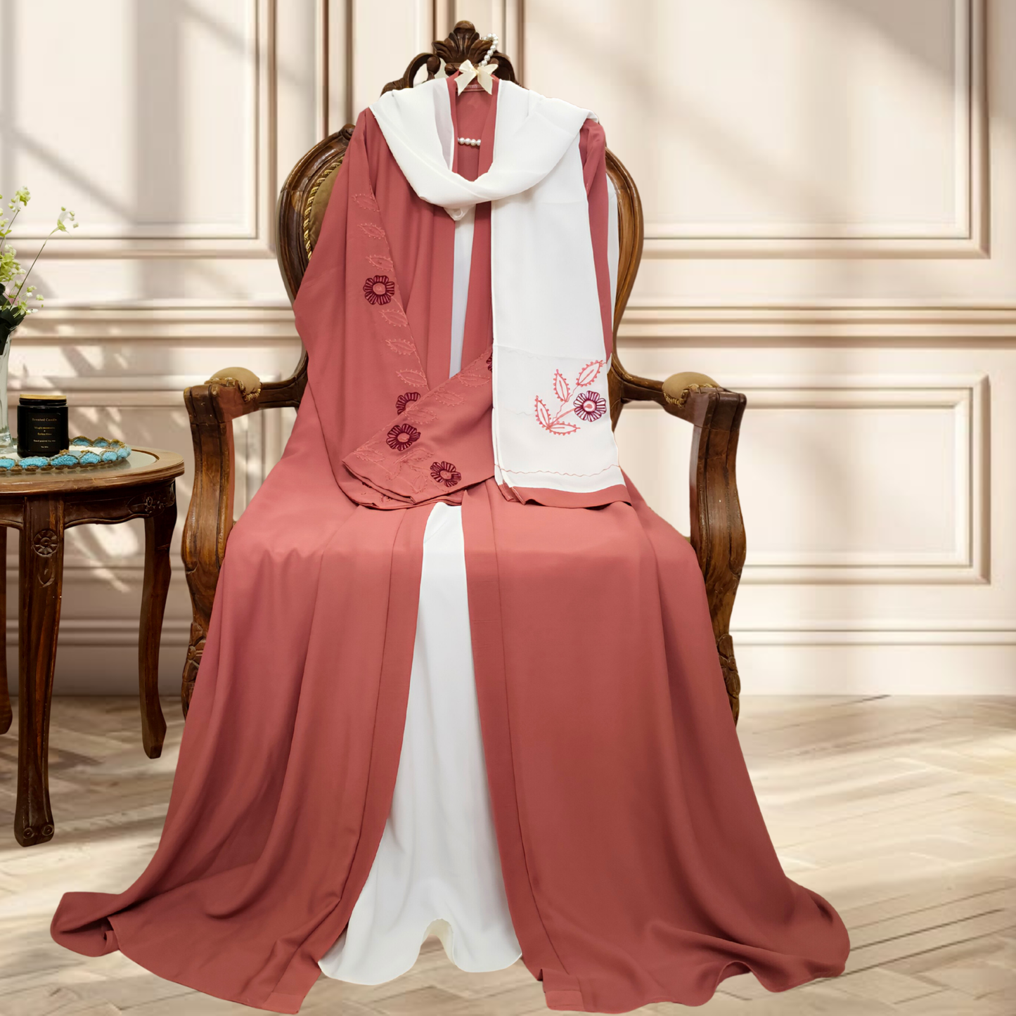 LIYANA | Embroidered Front-Open Abaya Set in Dusty Rose