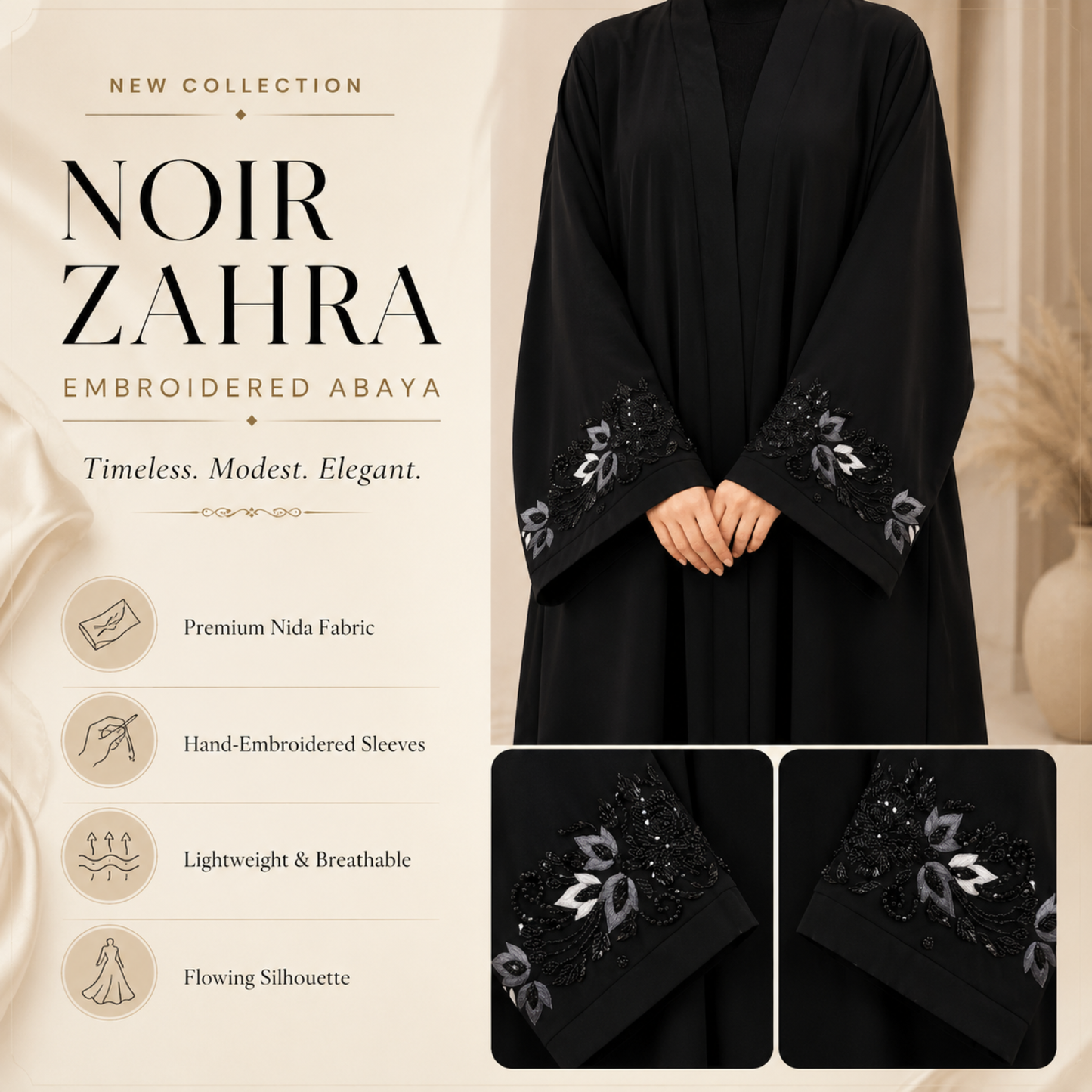 NOIR ZAHRA | Premium Hand-Embroidered Black Abaya with Delicate Sleeves Embroidery
