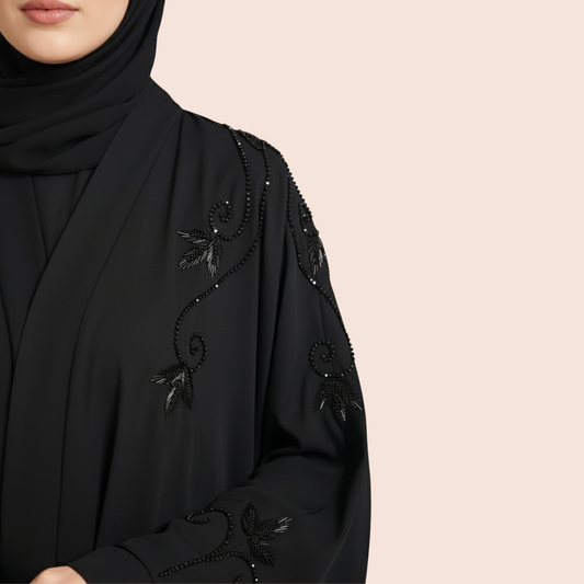 RIMAS | Premium Hand-Embroidered Black Abaya with Delicate Back Detailing