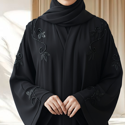 RIMAS | Premium Hand-Embroidered Black Abaya with Delicate Back Detailing