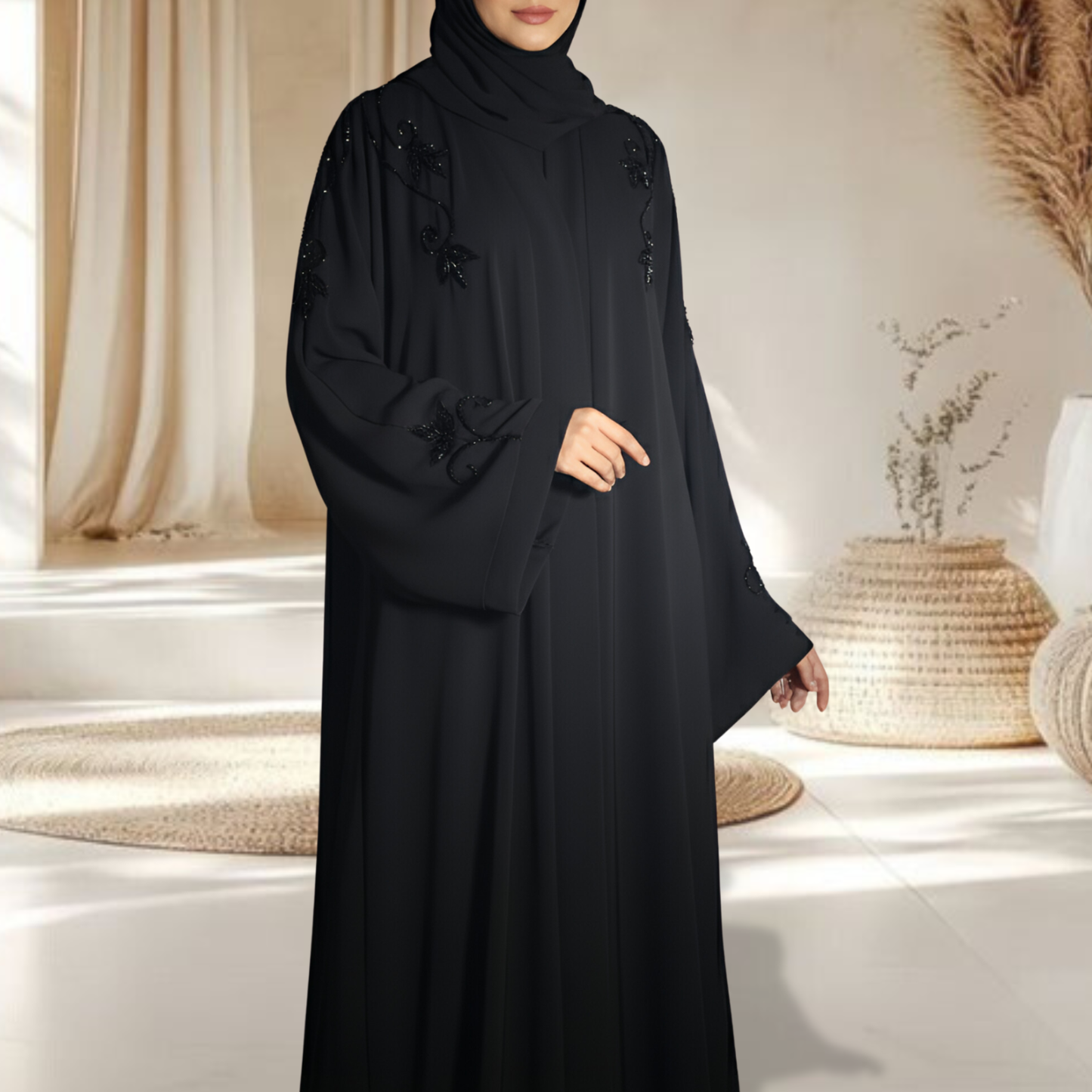 RIMAS | Premium Hand-Embroidered Black Abaya with Delicate Back Detailing