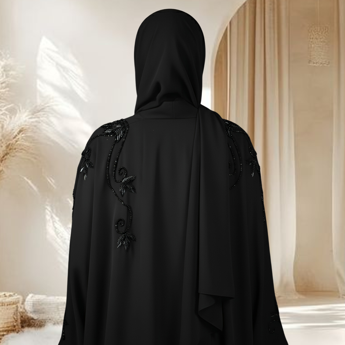 RIMAS | Premium Hand-Embroidered Black Abaya with Delicate Back Detailing