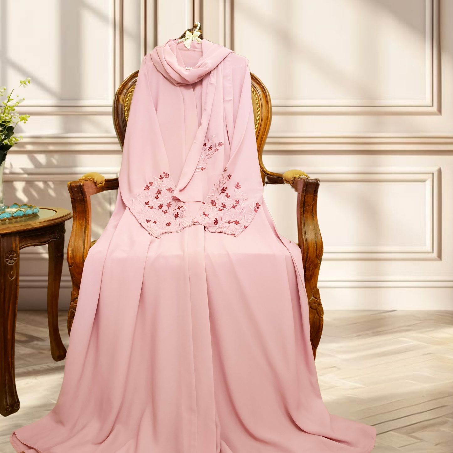 Ruh-e-Gul | Blush Pink Embroidered Abaya with Hijab