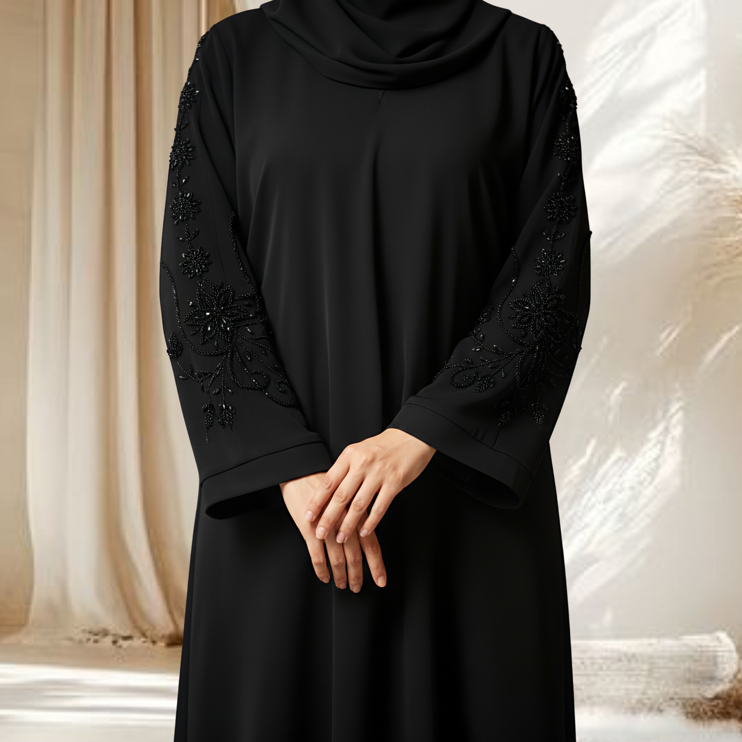 ESMARAH | Elegant Hand-Embroidered Black Abaya with Detailed Sleeves