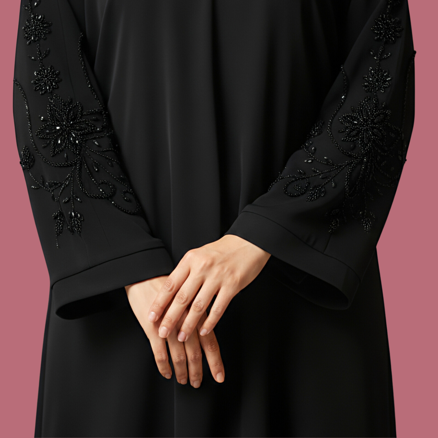 ESMARAH | Elegant Hand-Embroidered Black Abaya with Detailed Sleeves