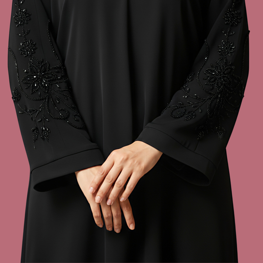 ESMARAH | Elegant Hand-Embroidered Black Abaya with Detailed Sleeves