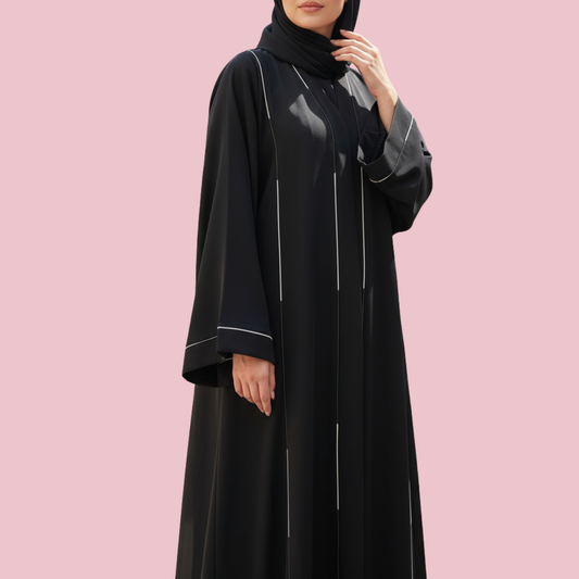AMIRAH | Black Abaya with White and Black Piping Details