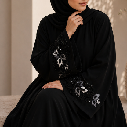NOIR ZAHRA | Premium Hand-Embroidered Black Abaya with Delicate Sleeves Embroidery