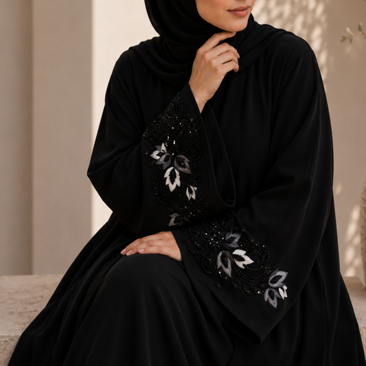 NOIR ZAHRA | Premium Hand-Embroidered Black Abaya with Delicate Sleeves Embroidery