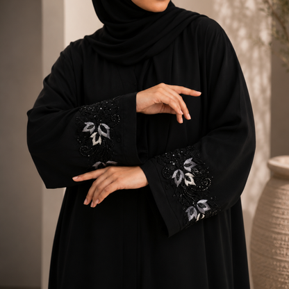 NOIR ZAHRA | Premium Hand-Embroidered Black Abaya with Delicate Sleeves Embroidery