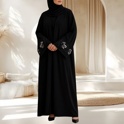 NOIR ZAHRA | Premium Hand-Embroidered Black Abaya with Delicate Sleeves Embroidery