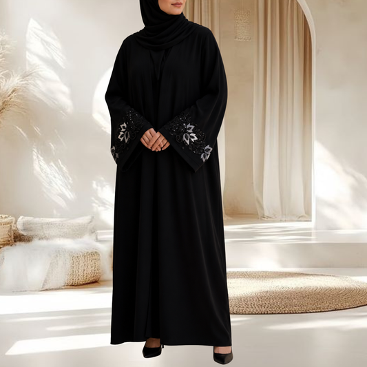 NOIR ZAHRA | Premium Hand-Embroidered Black Abaya with Delicate Sleeves Embroidery