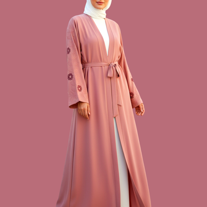 LIYANA | Embroidered Front-Open Abaya Set in Dusty Rose