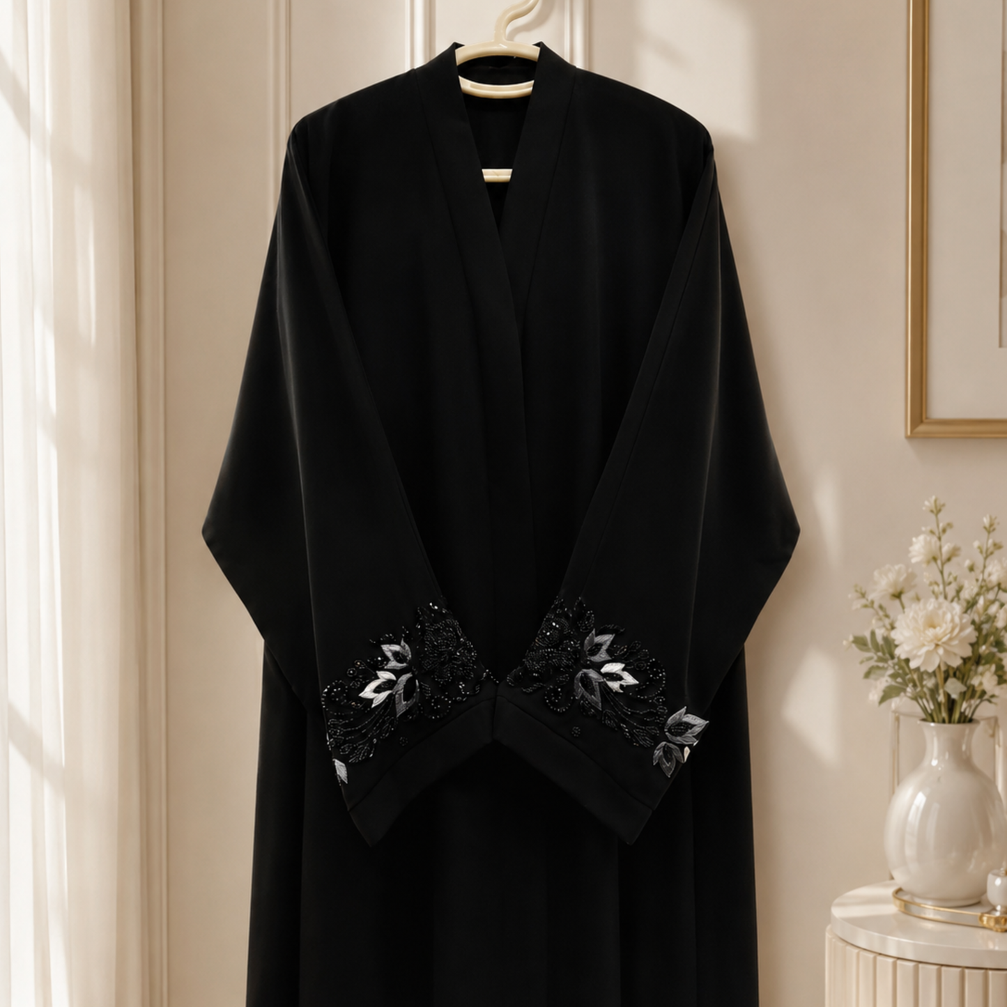 NOIR ZAHRA | Premium Hand-Embroidered Black Abaya with Delicate Sleeves Embroidery