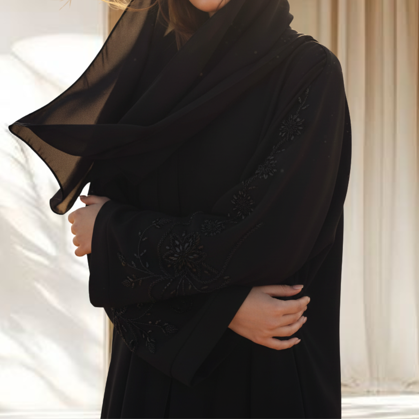 ESMARAH | Elegant Hand-Embroidered Black Abaya with Detailed Sleeves