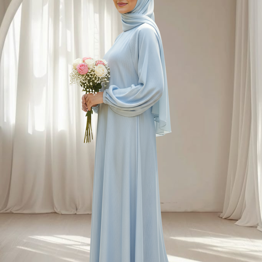 Serene Blue Ribbed Silk Abaya, Ultra-Flared Silk Abaya